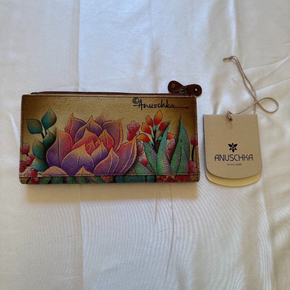 Anuschka handpainted lotus flower bifold wallet